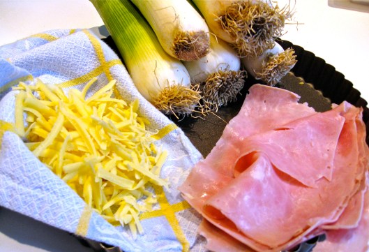 Jambon, gruyère, and leeks at the ready